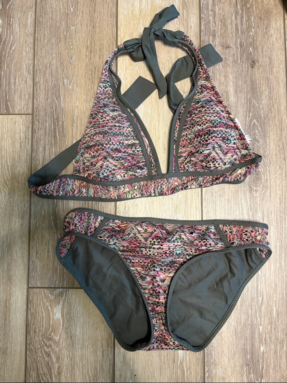 BECCA Multicolor Patterned Halter Bikini with Gray Trim